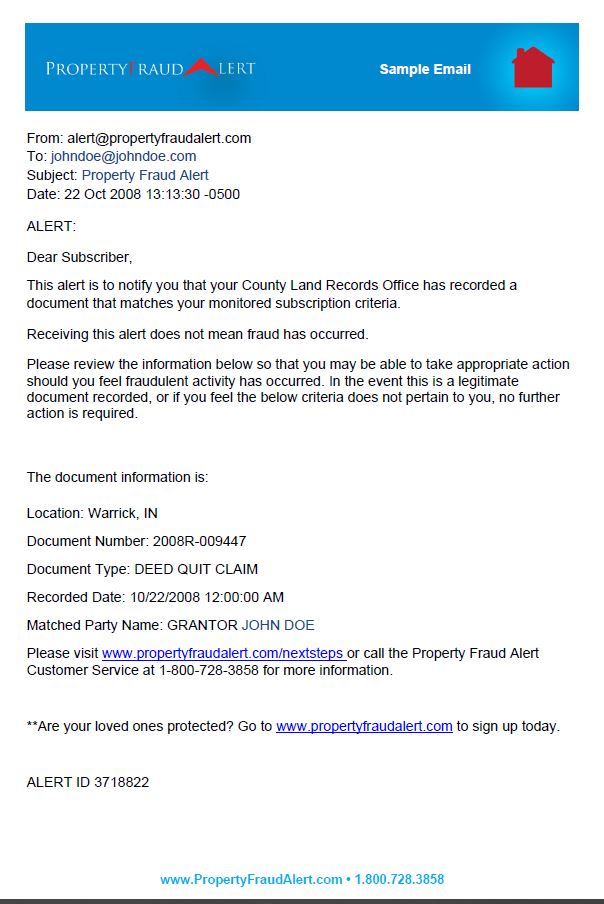 RoD Property Fraud Alert Sample Email